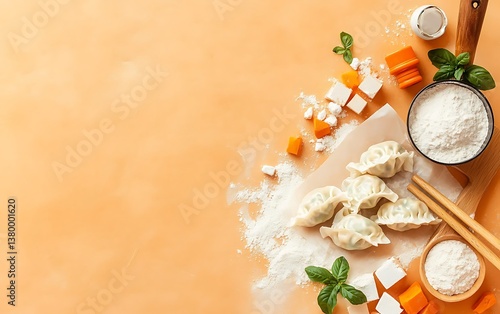 Dumplings, ingredients, peach background