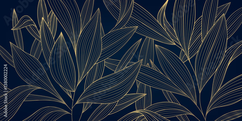 Vector gold leaves art deco pattern, linear floral jungle background, elegant botanical foliage decor, summer print. Vintage boho fabric drawing.
