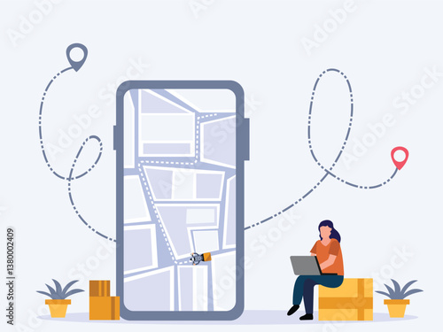 Woman tracking parcel online on GPS navigator through smartphone.  tracking online shopping parcel location tracking app on Smartphone.