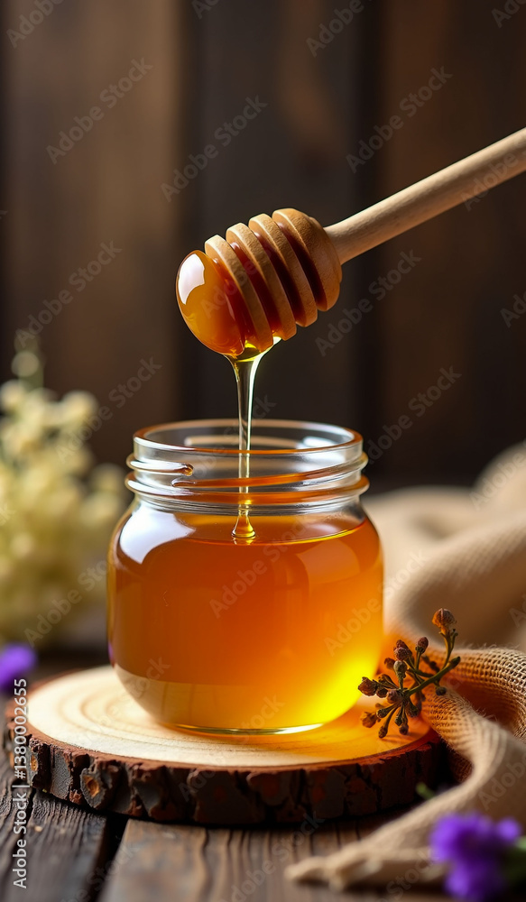 A honey jar with a wooden scoop and honey dripping from it A honey jar with a wooden scoop and honey dripping from it
