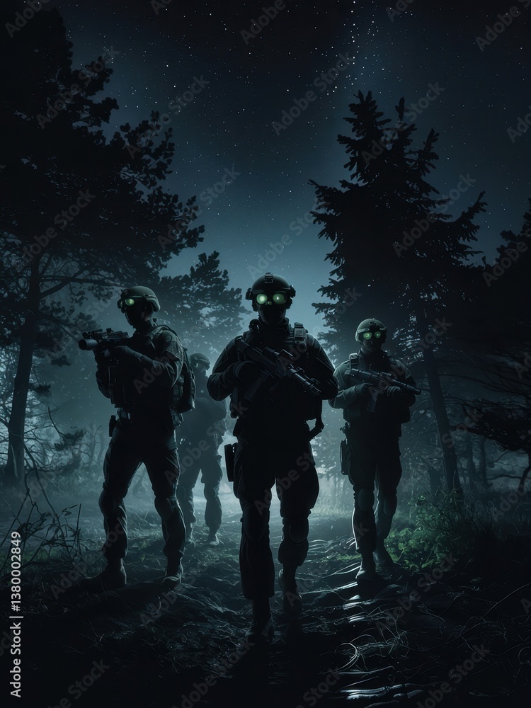 A photograph of a special forces unit during a night operation A photograph of a special forces unit during a night operation