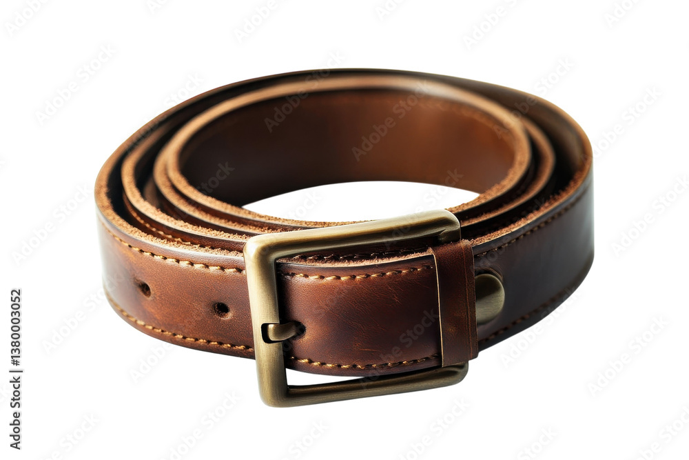 Brown leather belt on a white background highlights its craftsmanship and style Brown leather belt on a white background highlights its craftsmanship and style