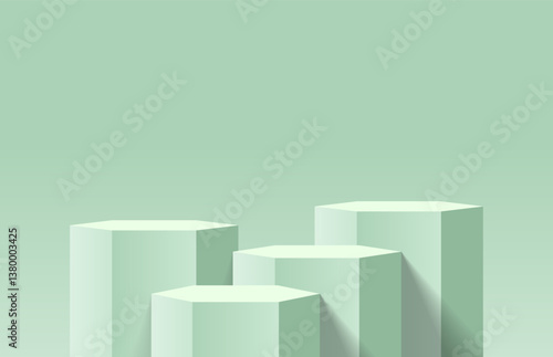 Abstract green 3d background in bright studio room. Four realistic 3D hexagon podium pedestal with vertical shape background. Minimal wall scene for product mockup. 3D vector geometric platform.
