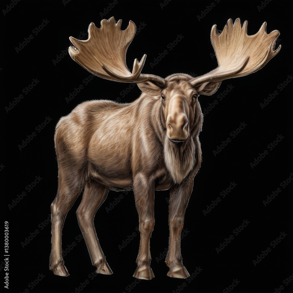 Naklejka premium Majestic Moose Digital Illustration with Antlers and Dark Brown Coat Standing on Black Background