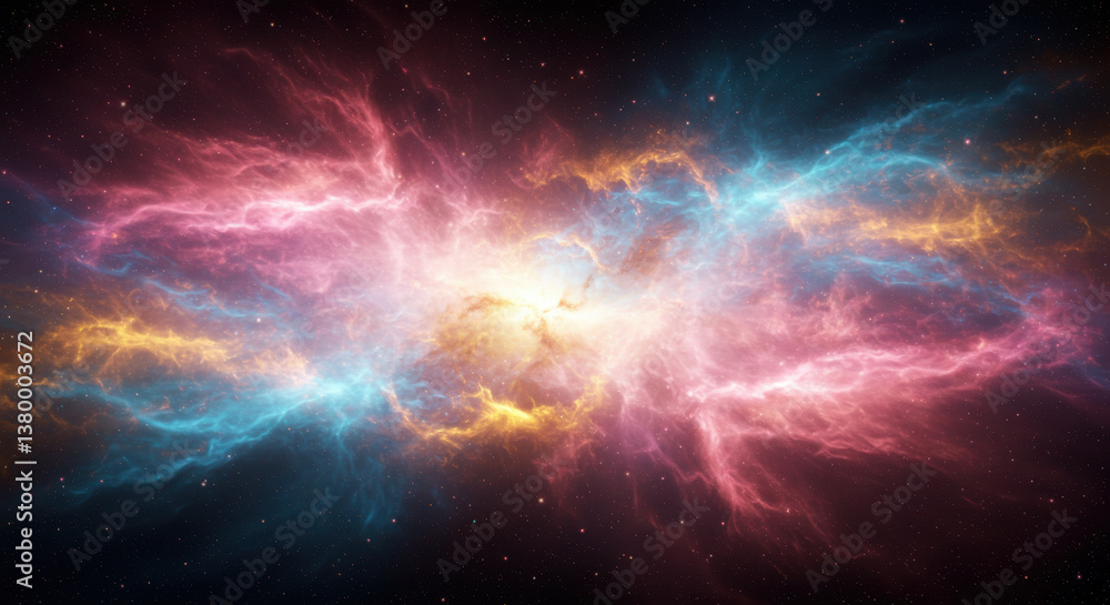 A stunning display of vibrant colors illuminates an expansive cosmic nebula in the night sky. A stunning display of vibrant colors illuminates an expansive cosmic nebula in the night sky.