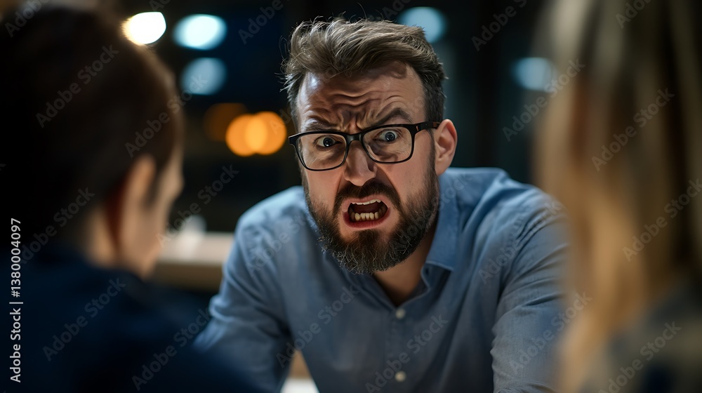 Obraz premium Angry Boss with Office Conflict, Night Meeting, and Stress.