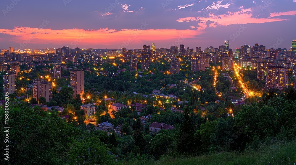 Obraz premium Cityscape at dusk, illuminated buildings, lush greenery