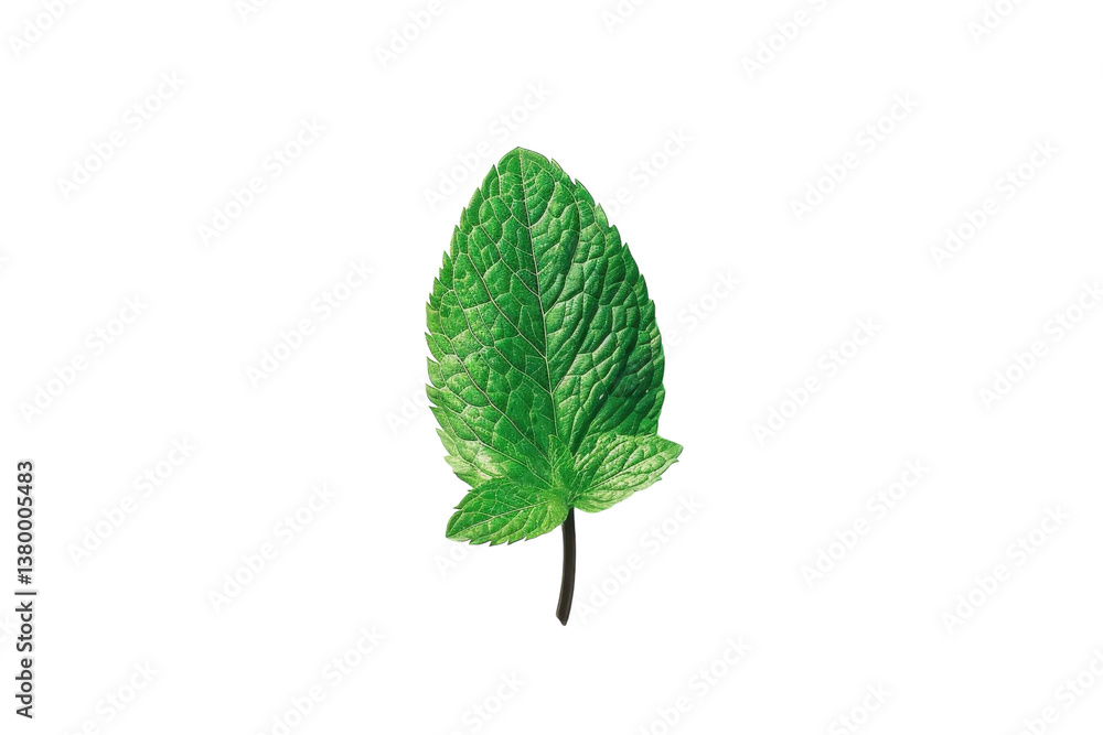 Fresh mint leaf resting on a smooth white surface illuminated by soft natural light Fresh mint leaf resting on a smooth white surface illuminated by soft natural light