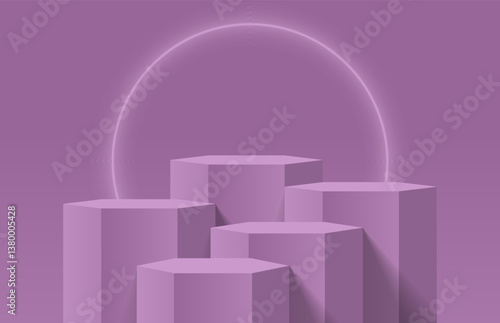 Abstract purple 3d background in bright studio room. Five realistic 3D hexagon podium pedestal with round circle neon light background. Minimal wall scene for product mockup. Vector geometric platform