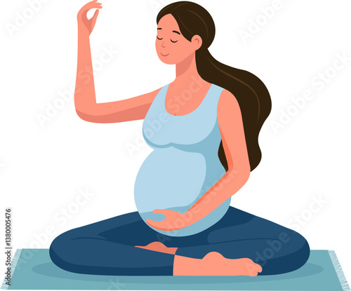 A pregnant woman with long dark hair is doing yoga on a mat.