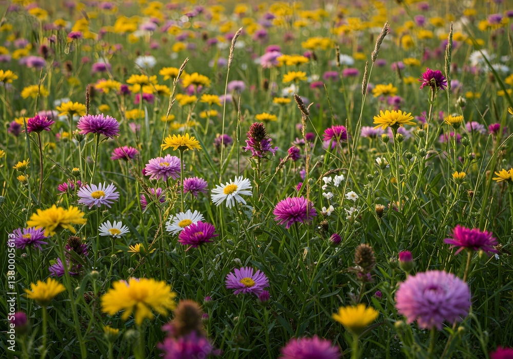 Obraz premium Vibrant Wildflower Meadow Colorful Blooming Field, Daisies, Dandelions, Purple and Yellow Flowers, Nature's Beauty.