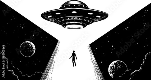 ufo abduct man engraving black and white outline
