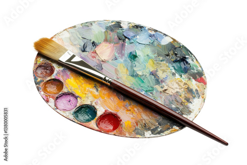 A vibrant artist’s palette showcasing a rich array of colors and a brush ready for creation photo
