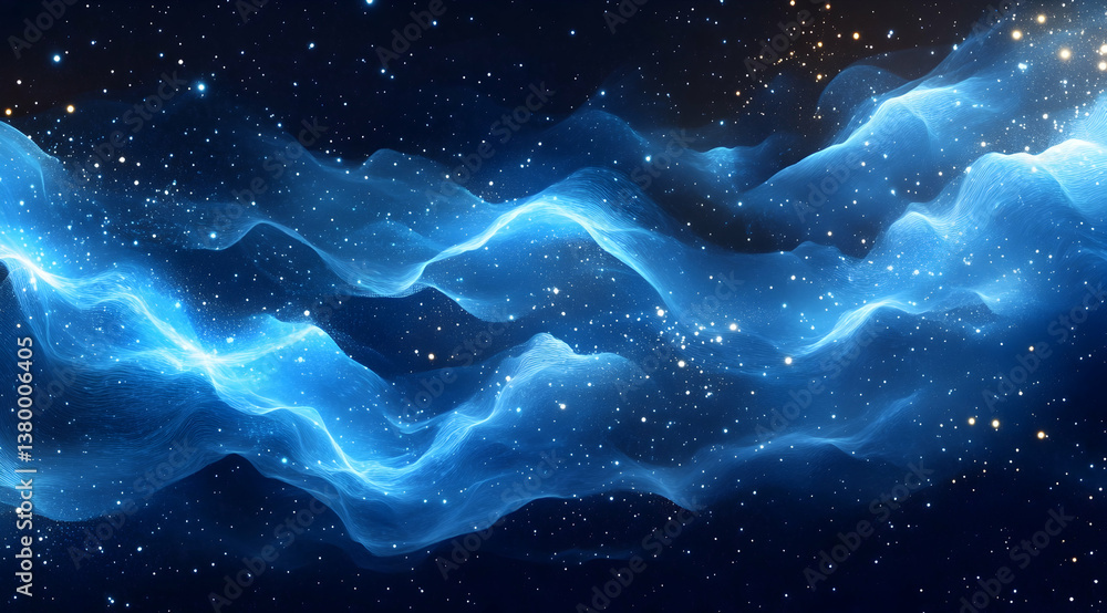 Abstract blue waves of digital data and glowing particles against a background of a night sky Abstract blue waves of digital data and glowing particles against a background of a night sky