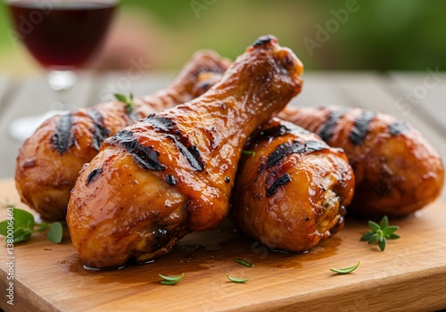 Wallpaper Mural Delicious Grilled Chicken Drumsticks on Wooden Board with Wine - BBQ Food Photography Torontodigital.ca