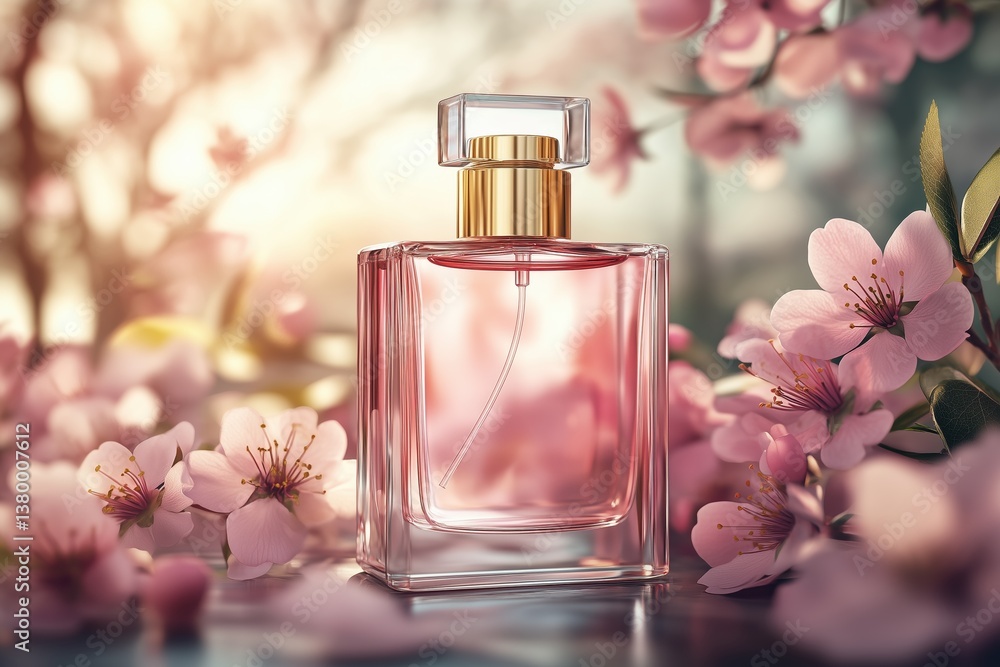 A simple and elegant perfume bottle standing among pink cherry blossoms. A simple and elegant perfume bottle standing among pink cherry blossoms.