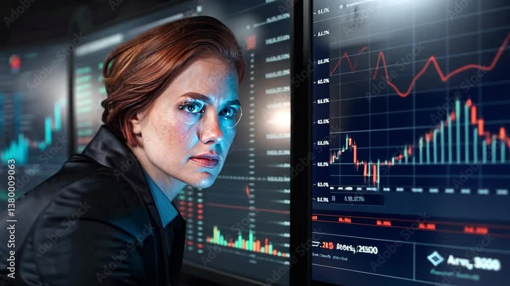 Stock market analyst monitoring charts: A dedicated stock market analyst closely scrutinizes multiple display, immersed in the complex world of financial data and market trends. Stock market analyst monitoring charts: A dedicated stock market analyst closely scrutinizes multiple display, immersed in the complex world of financial data and market trends.