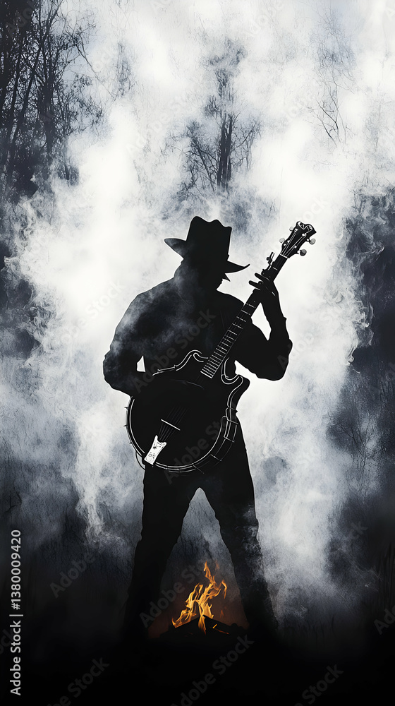 Silhouette of a Guitarist Playing by a Campfire at Night Silhouette of a Guitarist Playing by a Campfire at Night