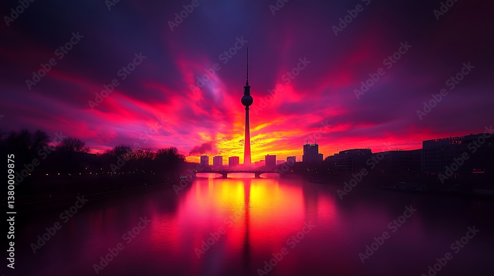 Fototapeta premium Berlin TV Tower Sunset Dramatic Cityscape.