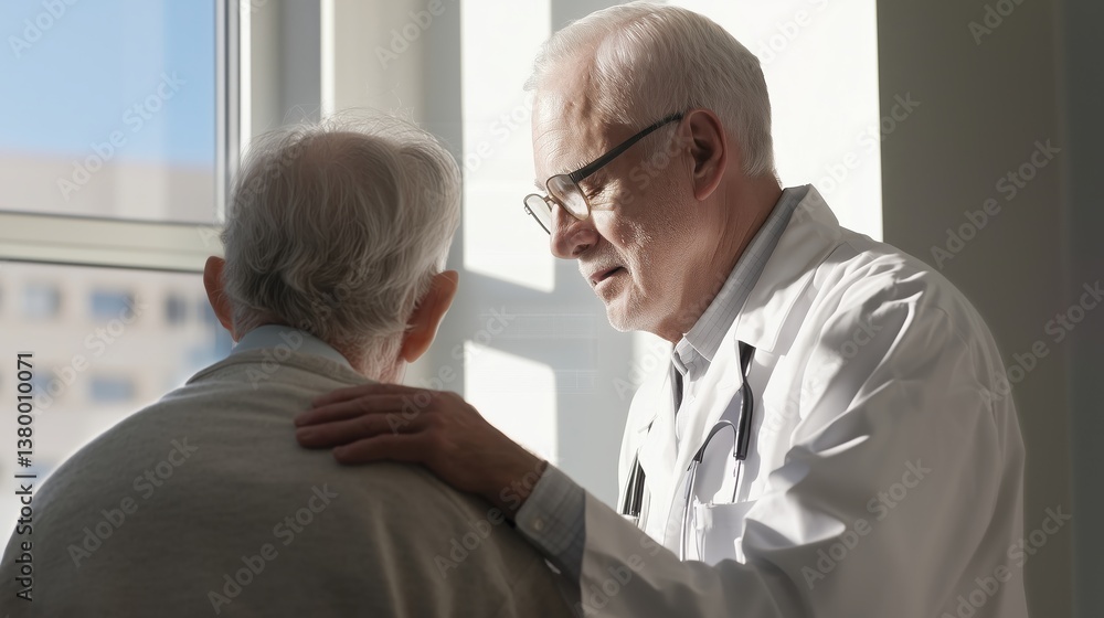 Physician Comforting Elderly Patient in Exam Room Physician Comforting Elderly Patient in Exam Room