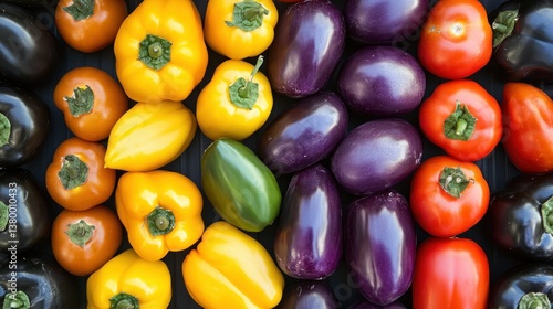 Colorful arrangement of various fresh vegetables presented on a dark surface
