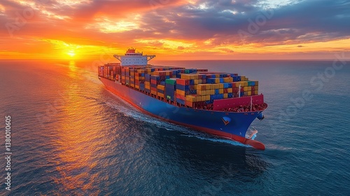 Container ship glides through open sea, bathed in sunset glow, embodying tranquility and vast horizons.