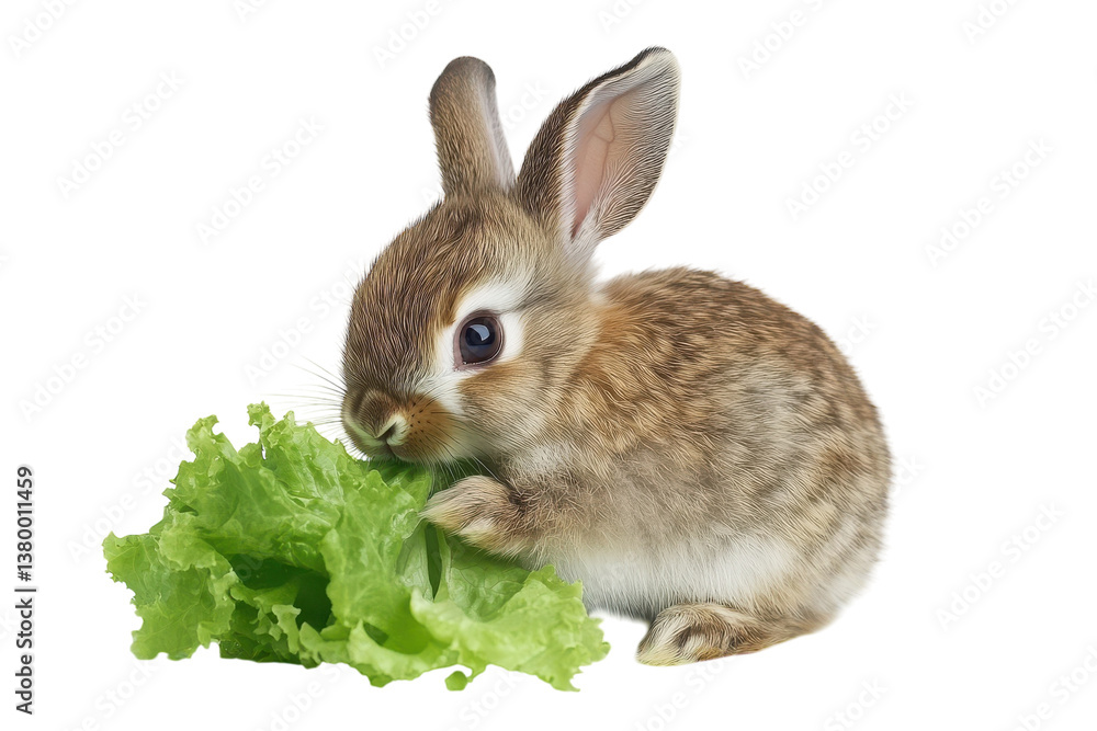 Fototapeta premium A curious rabbit munching on fresh lettuce in a cozy indoor setting during daylight hours