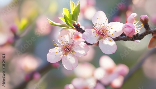 Delicate Pink Flowers Blooming in Spring with Bright Green Leaves