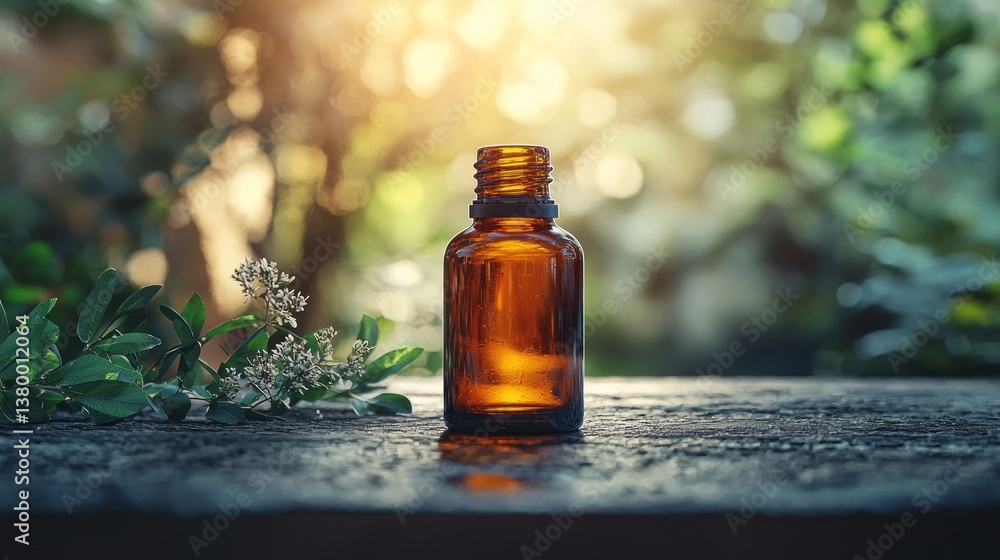 Amber glass bottle with natural backdrop Amber glass bottle with natural backdrop