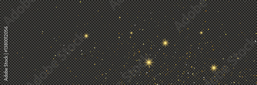 Gold glittering dust with stars on transparent backdrop