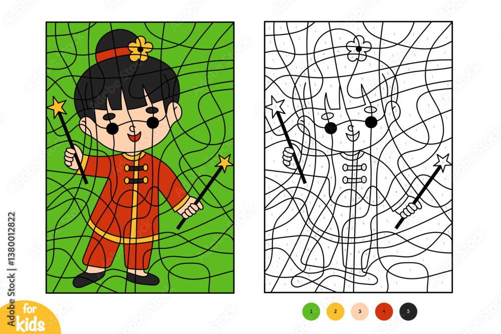Obraz premium Color by number, education game for kids, Chinese new year character girl and sparklers