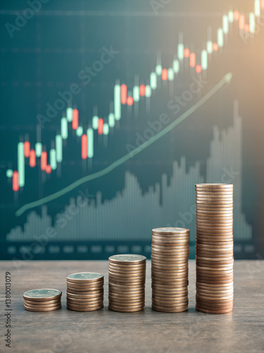 Stacks of coins are displayed in front of a financial growth chart
