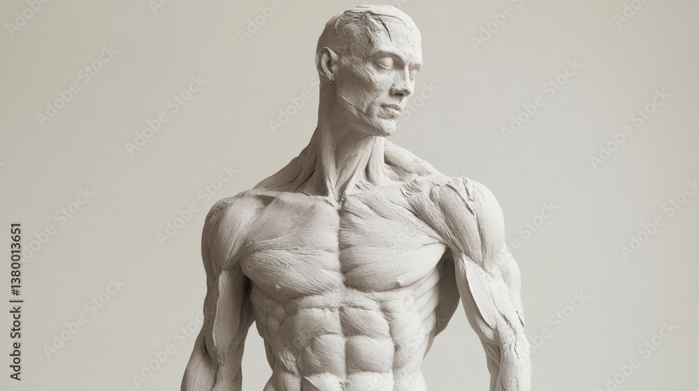 Muscular human figure crafted in clay with intricate details against a soft, neutral background Muscular human figure crafted in clay with intricate details against a soft, neutral background