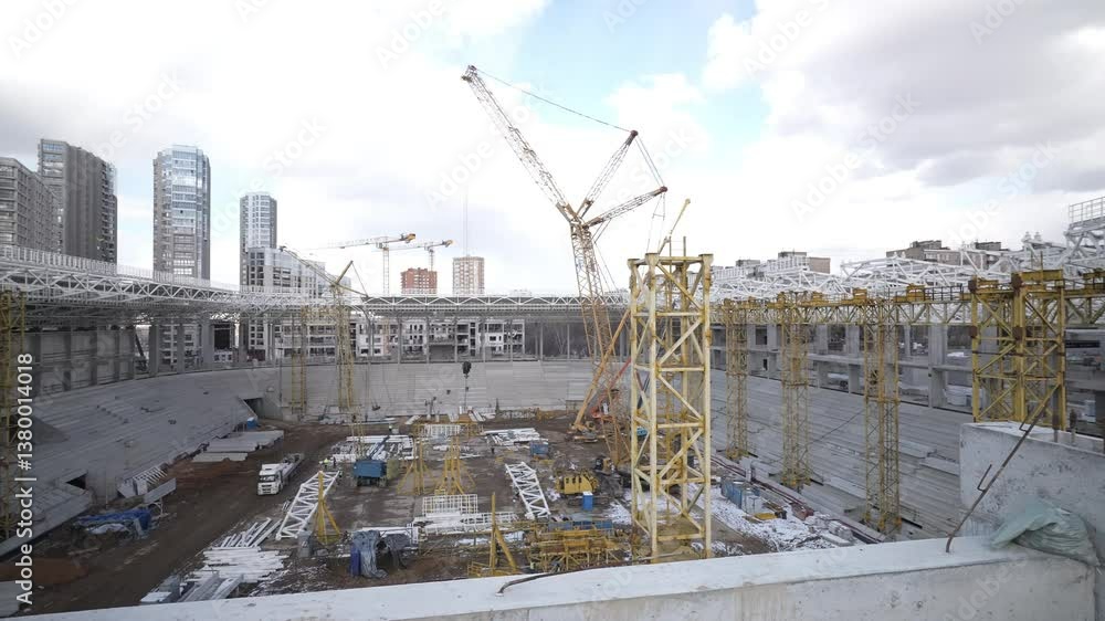 Construction Site with Cranes and Frameworks in Urban Setting Construction Site with Cranes and Frameworks in Urban Setting