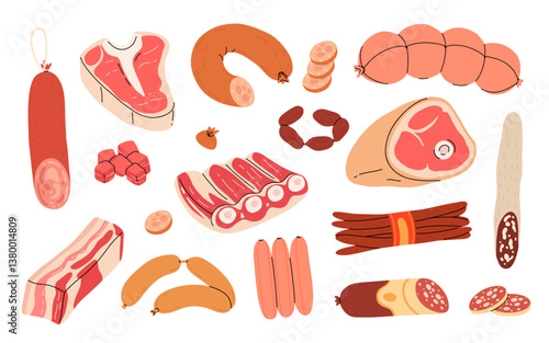 Set of meat products ingredients for BBQ, sausages, meat, steaks, chicken legs. Cartoon flat doodle design of pieces of meat. Raw and fried meat kebab set