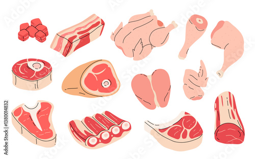 Meat set. Collection of beef and pork steak, ham, fillet. Fresh ingredient for cooking. Chicken and sausage. Isolated vector illustration in cartoon style