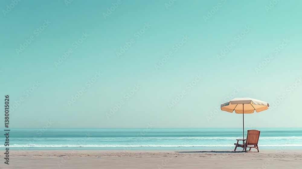 A minimal landscape with a man in a beach chair under a lone umbrella, ocean breeze visible in fabric folds, gentle sky fading into pale blue. Created Using: DSLR capture, natural light diffusion, A minimal landscape with a man in a beach chair under a lone umbrella, ocean breeze visible in fabric folds, gentle sky fading into pale blue. Created Using: DSLR capture, natural light diffusion,