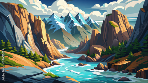 A breathtaking mountain river with rushing white waters cutting through rocky cliffs