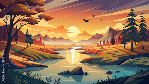 A peaceful river reflecting the golden hues of the sunset, with birds soaring above