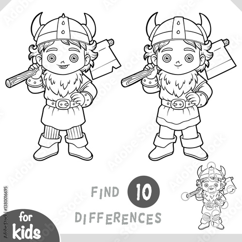 Viking boy with an ax. Find differences, black and white educational game