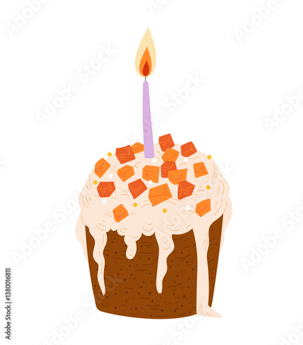 Vector illustration of a stylish Easter cake decorated with candied orange fruits and glowing candle, designed in pastel color palette