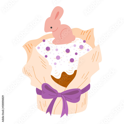 Vector illustration of a stylish Easter cake topped with a small pink bunny figure.  Pastel-toned dessert wrapped in craft paper