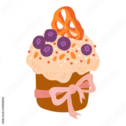 Vector illustration of  Easter cake decorated with fresh blueberries and a dried orange slice, designed in a stylish pastel color palette.