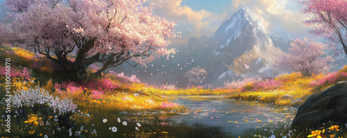 Beautiful Blossoms in Spring with Mountains and Serene Waterscape
