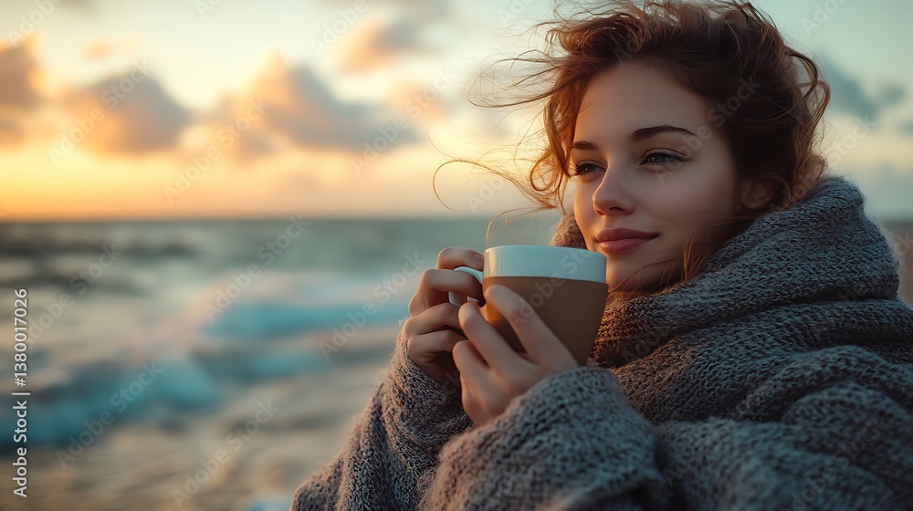 A woman sipping hot coffee while wrapped in a blanket, soft ocean breeze moving her hair, sky softly lit with early morning colors, peaceful silence. Created Using: vintage LUT, shallow DOF,