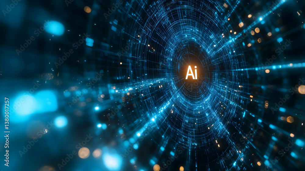 Obraz premium Futuristic AI Technology Concept with Glowing Data Tunnel and Artificial Intelligence Text