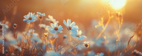 Soft and Vibrant Wild Flowers Blooming in a Serene Meadow at Sunset