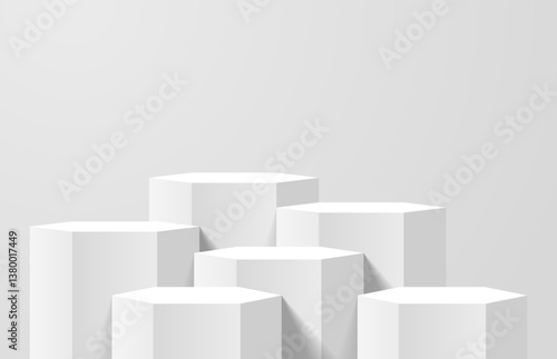 Abstract white 3d background in bright studio room. Six realistic 3D hexagon podium pedestal. 3D stage for show product. Minimal wall scene for product mockup. 3D vector geometric platform.