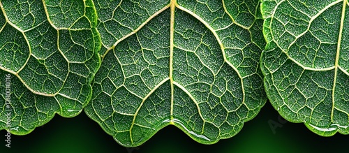 Close up of three vibrant green leaves showing intricate vein patterns