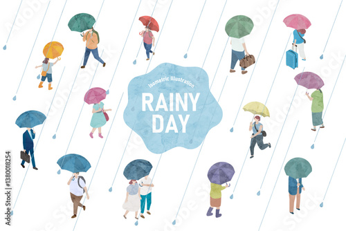雨の日の人々のアイソメトリックイラスト、雨の日のアイソメ